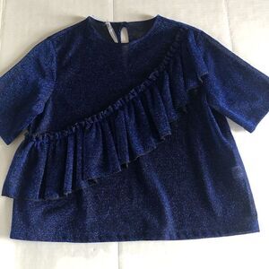 Alcoolique Women Blue Short Sleeve  Ruffle Sparkly Sheer Blouse Top Sz 42 A2942